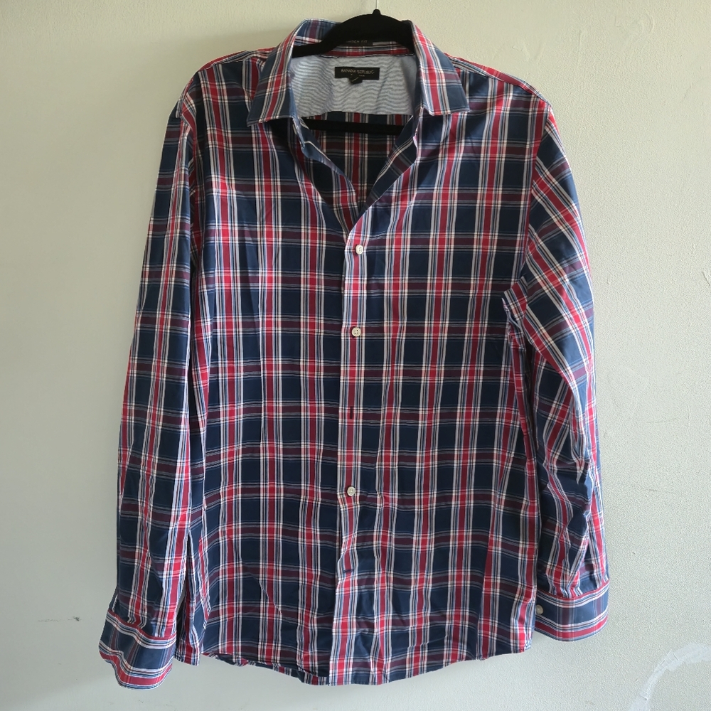 Banana Republic Mens M Camden Fit Blue Red White Ox Plaid Button Down Shirt